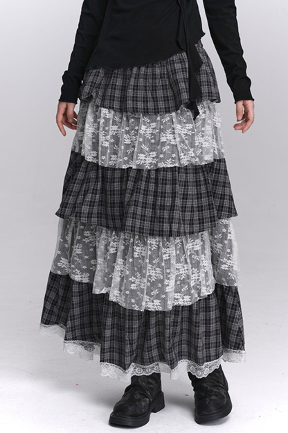 チェックティアードレースロングスカート