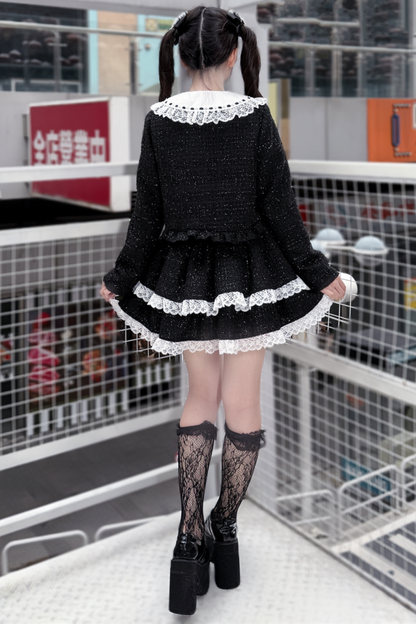 Dark Kawaii 트위드 재킷 + 셔츠 + 스커트 + 클립