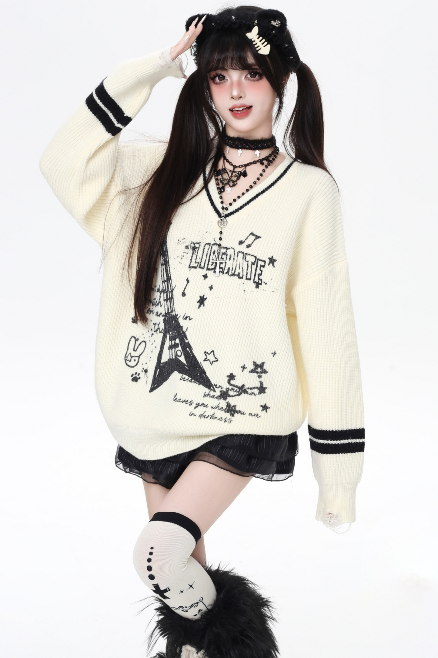 クールロックスタイルギターVネックルーズロングスリーブニット