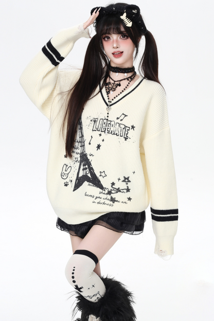 クールロックスタイルギターVネックルーズロングスリーブニット