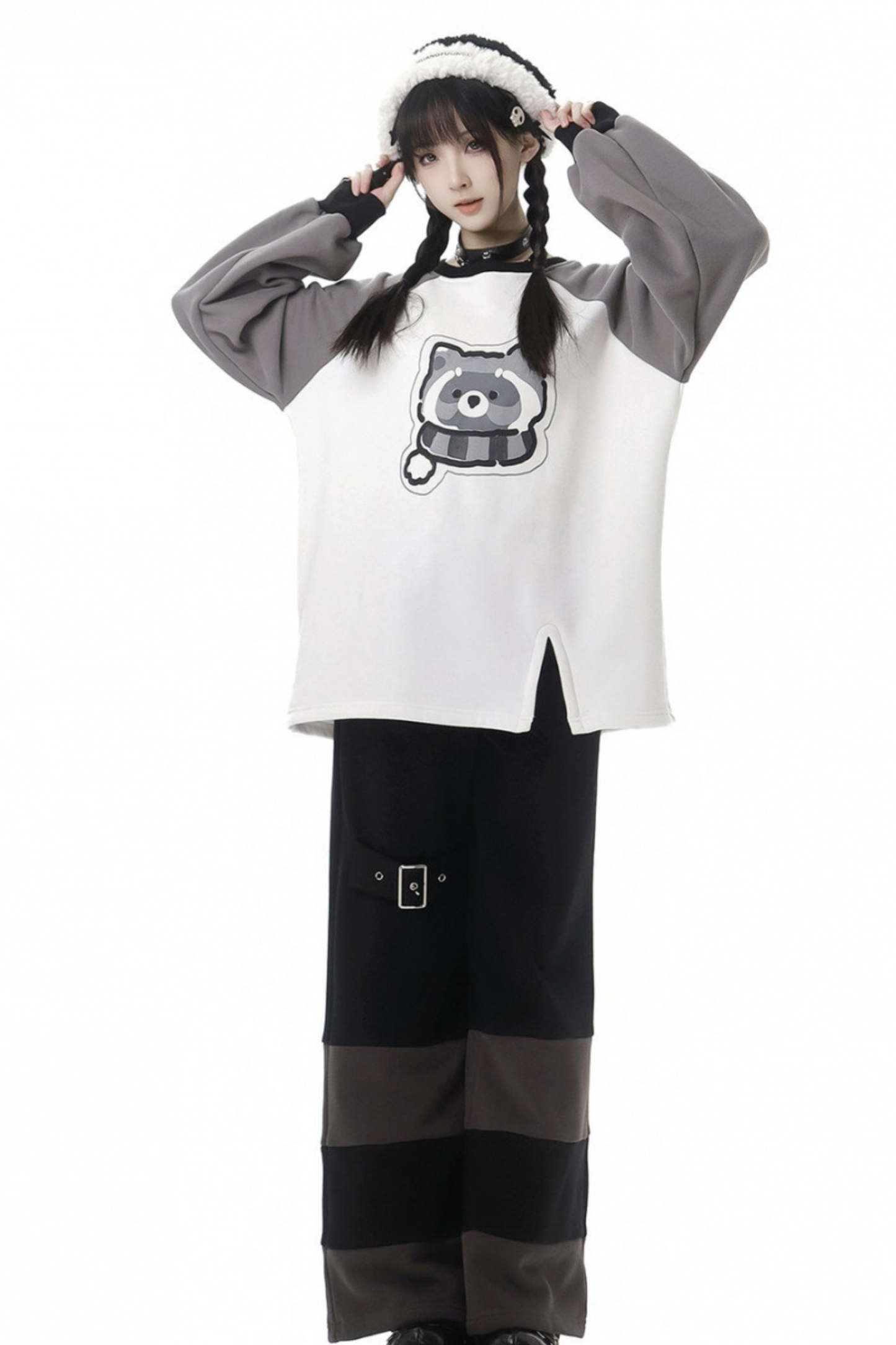 Tanuki fur jacket + sweatshirt + skirt + pants + leg covers