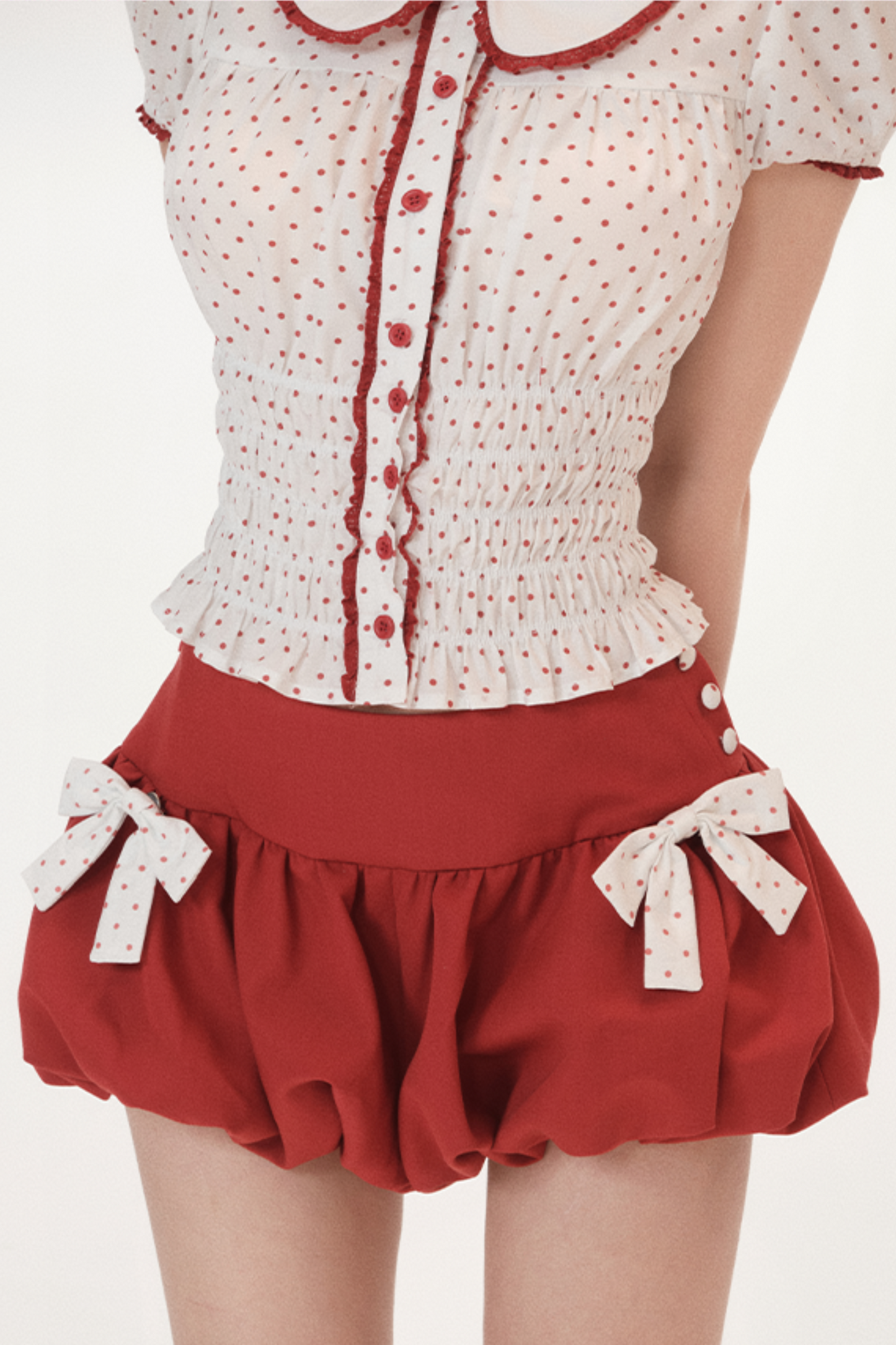ドットパフスリーブドールシャツ+リボンバルーンスカートパンツ