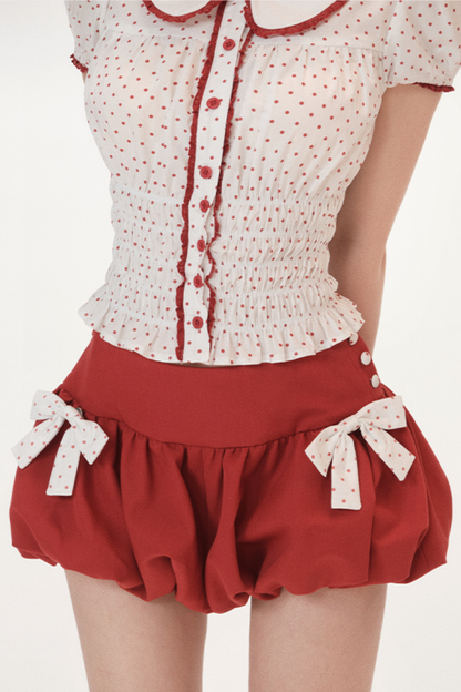 ドットパフスリーブドールシャツ+リボンバルーンスカートパンツ