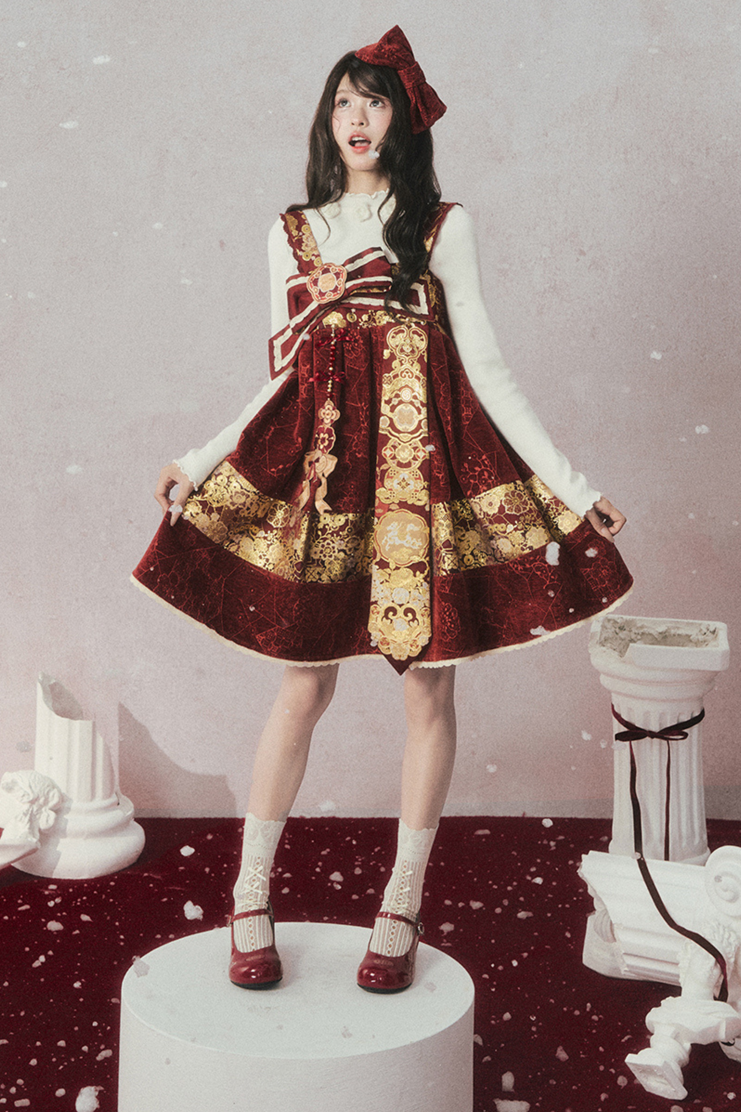 ベルベットダークレッドドレス+トップス+ジャケット+アクセサリー