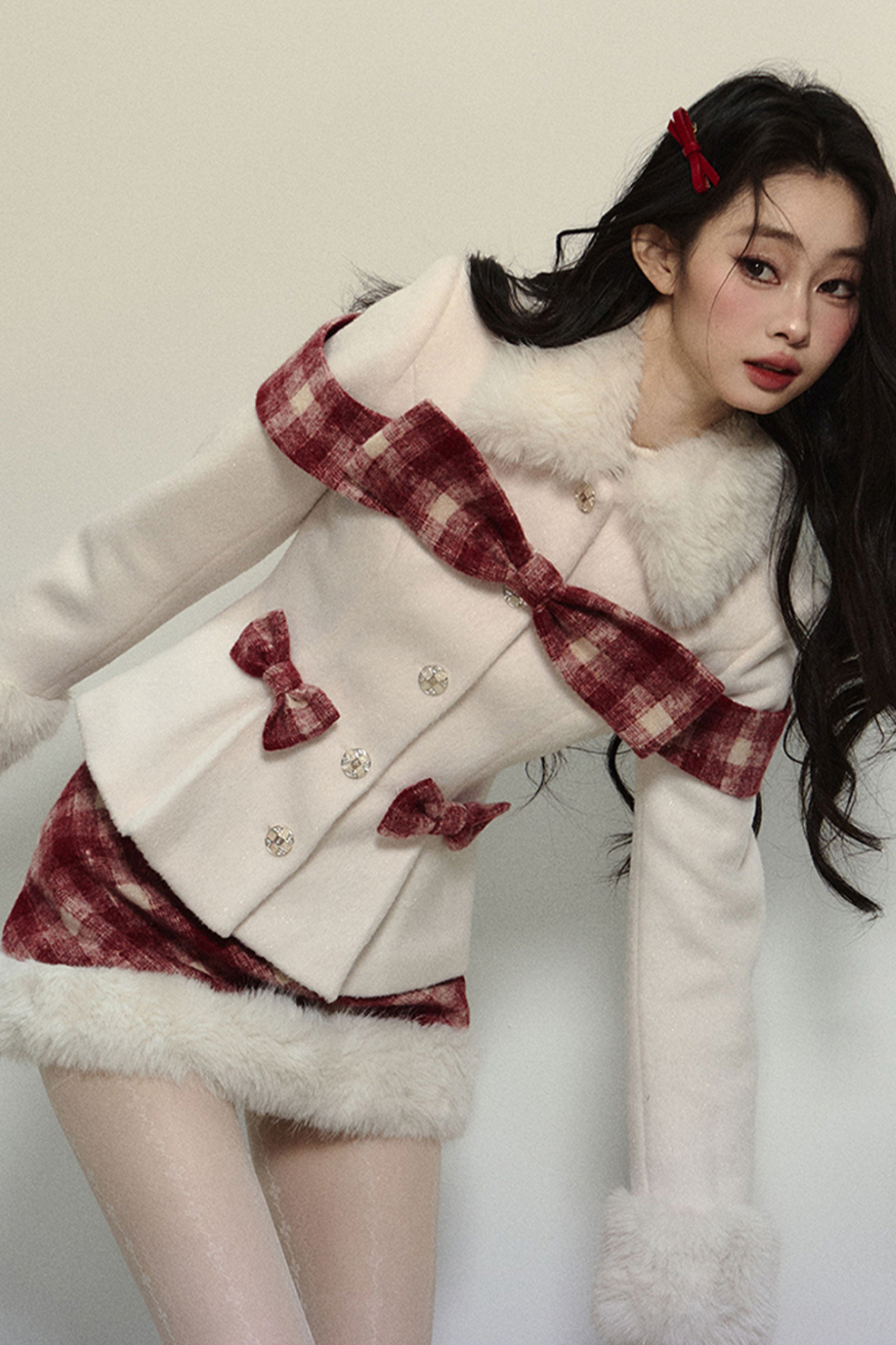 Check Ribbon Coat + Fur Check Skirt