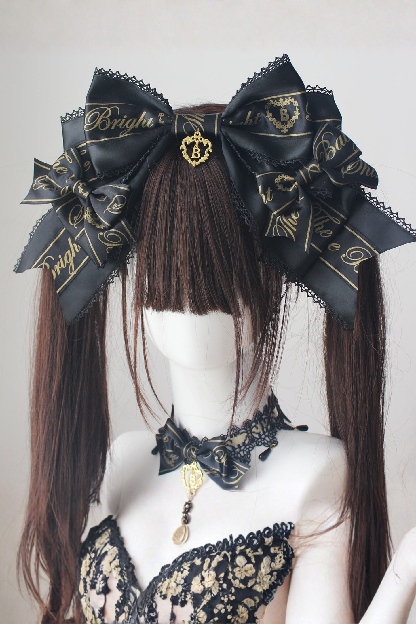 ブラックゴールドロリータヘッドバンド+リボンカチューシャ+チョーカー+ハットベール+スリーブ