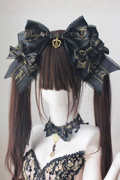 ブラックゴールドロリータヘッドバンド+リボンカチューシャ+チョーカー+ハットベール+スリーブ