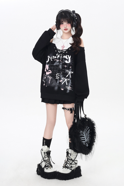 スイートストラップフェイクツーピースオフショルダーデザインガーリースウェット