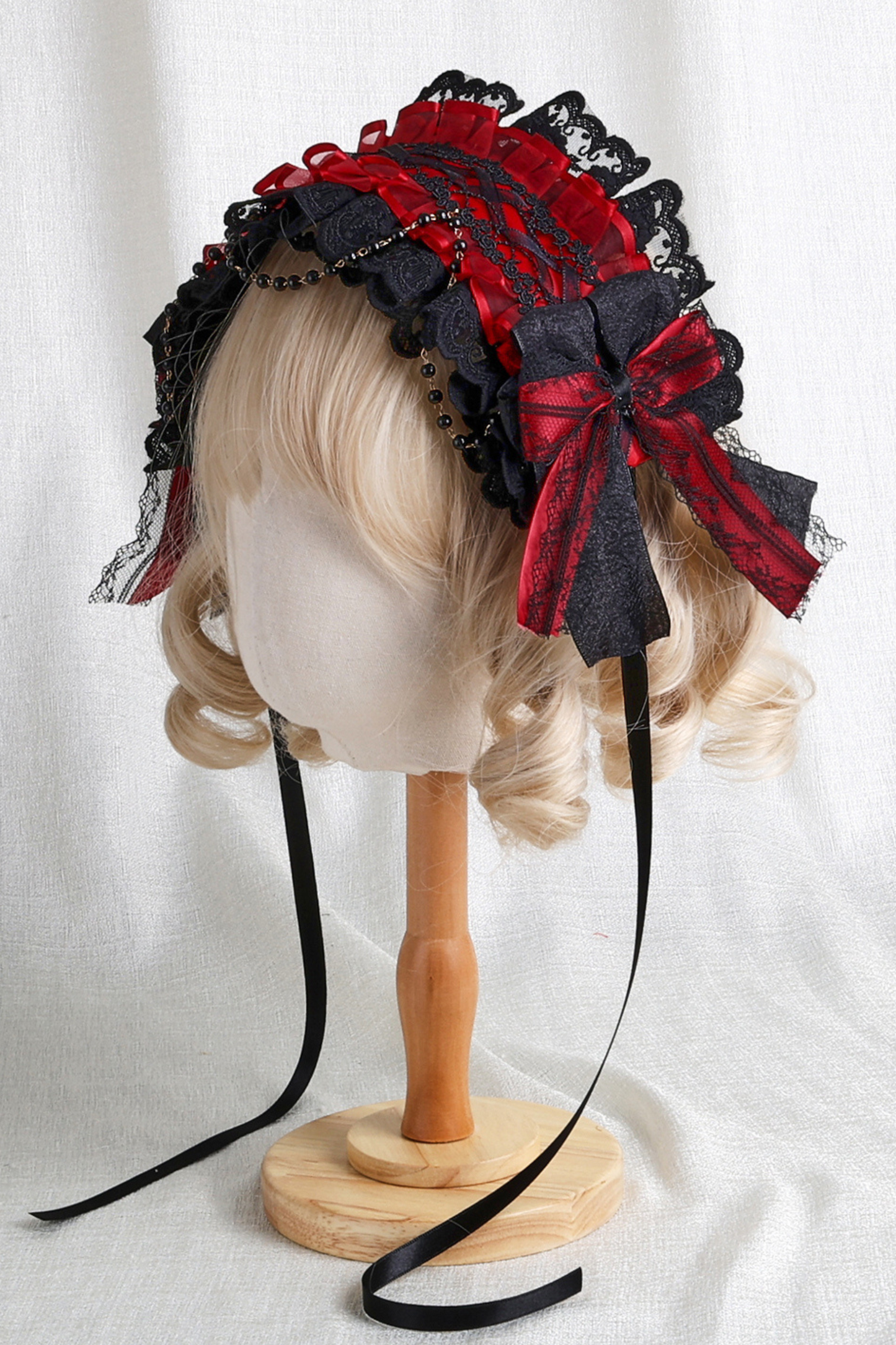 Dark Frilled Lolita Hairband + Flat Hat + Hat Clip + Ribbon Clip + Sleeve
