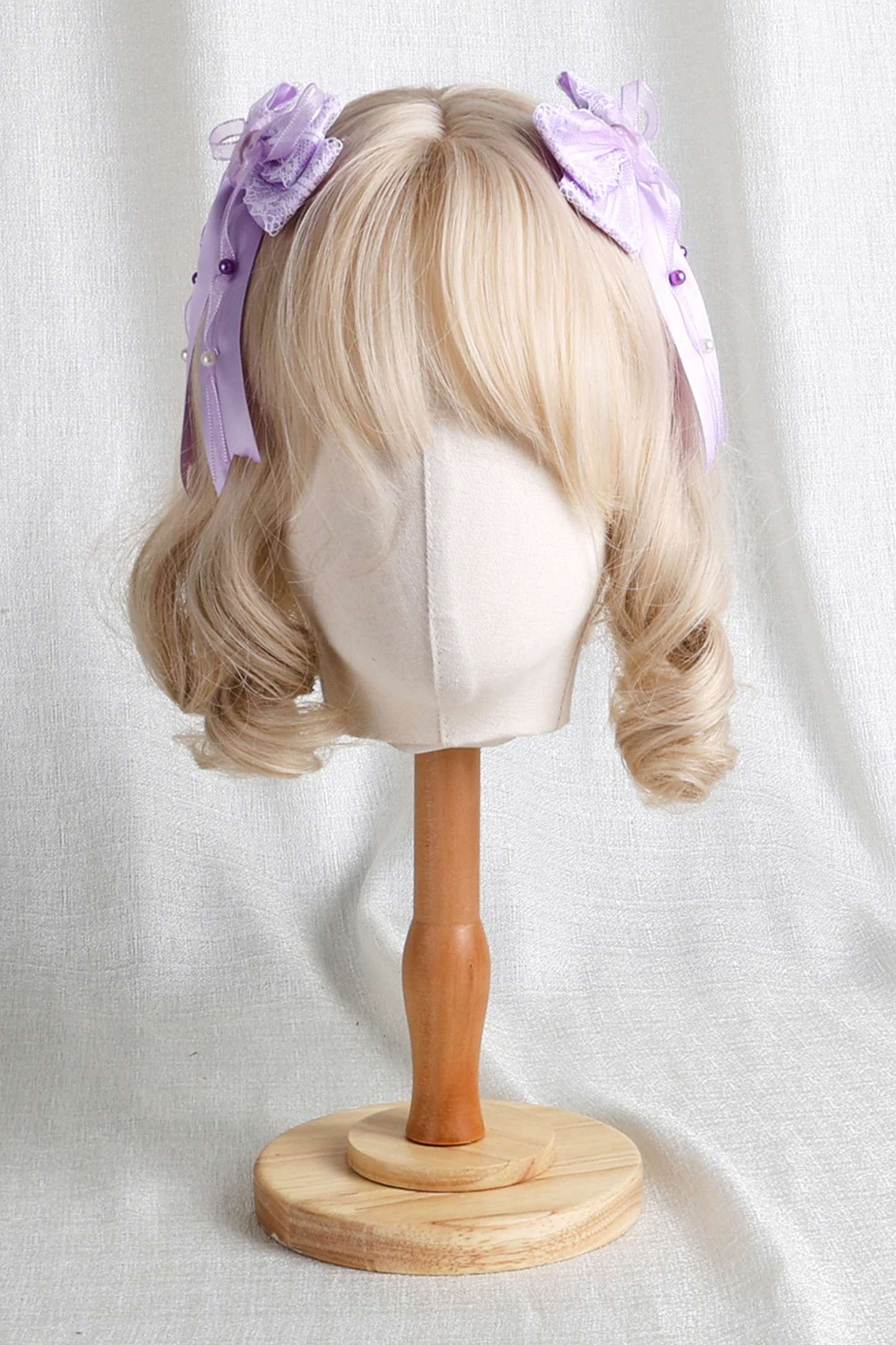 パープルブライダルリボンフラワーボンネット+ハットクリップ+ヘアバンド+リボンクリップ+スリーブ