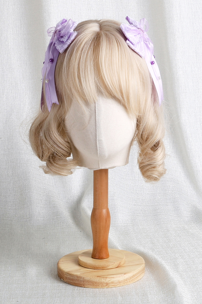 パープルブライダルリボンフラワーボンネット+ハットクリップ+ヘアバンド+リボンクリップ+スリーブ