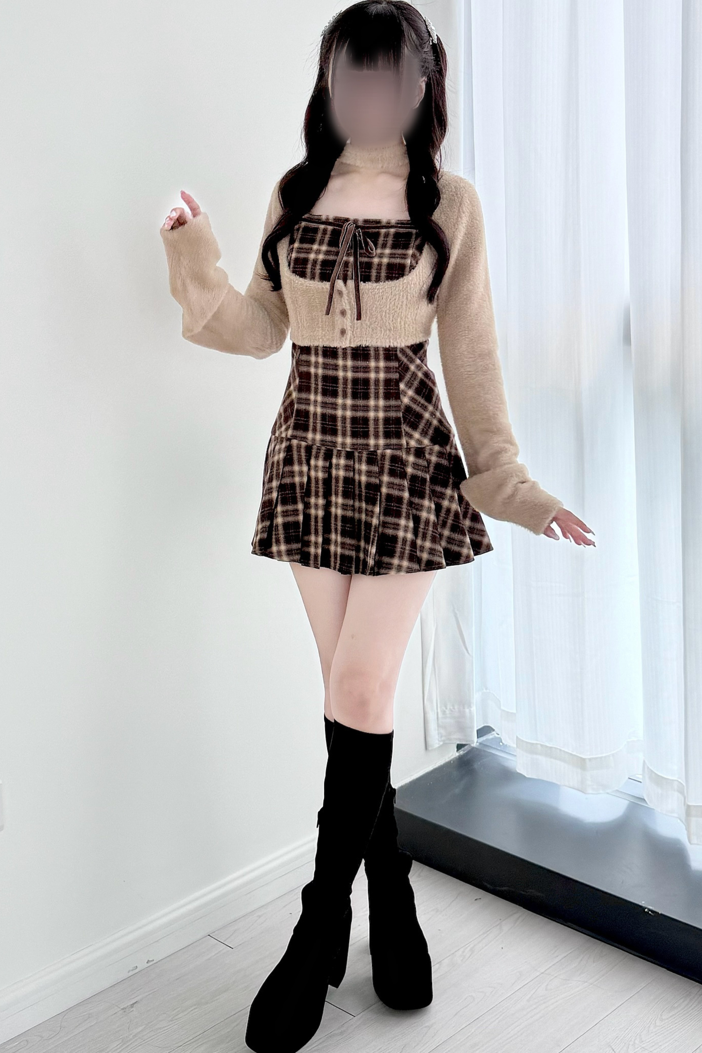 チェックフレアドレス+ショートカーディガン