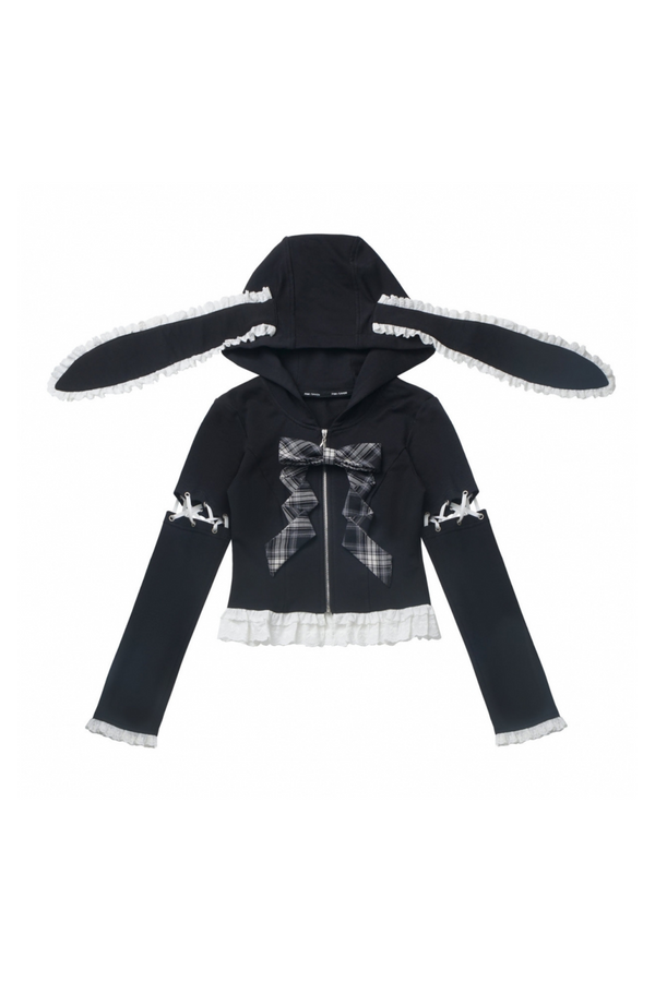 Mine rabbit ear hooded top + check cake skirt