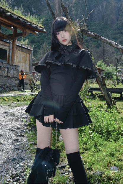 Ruffled Cape Design Low Rise Lace Dress