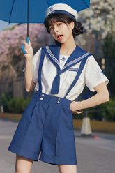 세일러 셔츠 + 서스펜더 반바지 + 넥타이 + 베레모