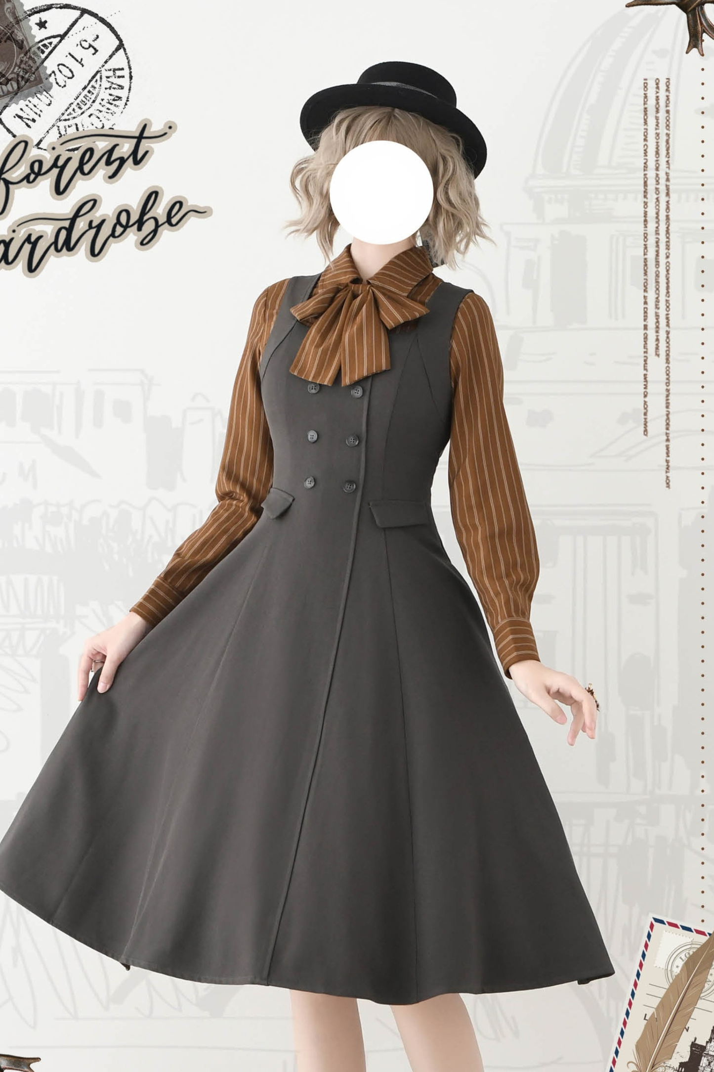 英国風レトロエレガントノースリーブドレス