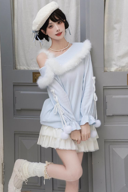 スイートブルーオフショルダーニットトップス