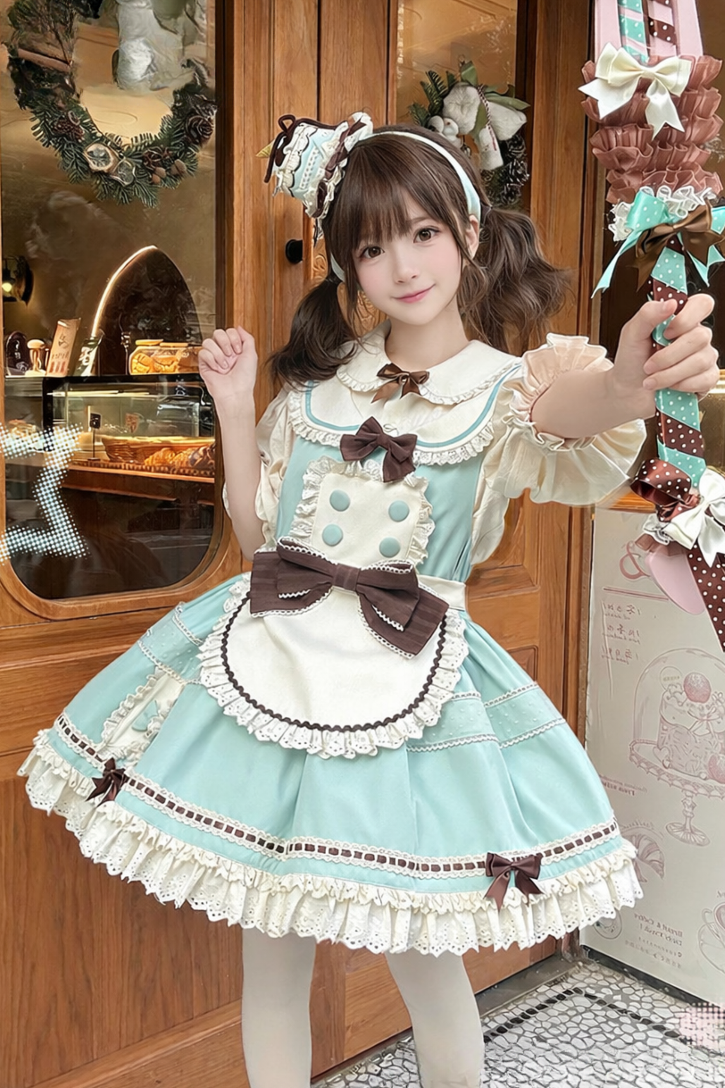 【Pre-order item】Chocolate Mint Sailor Collar Girly Maid Dress + Cake Hat