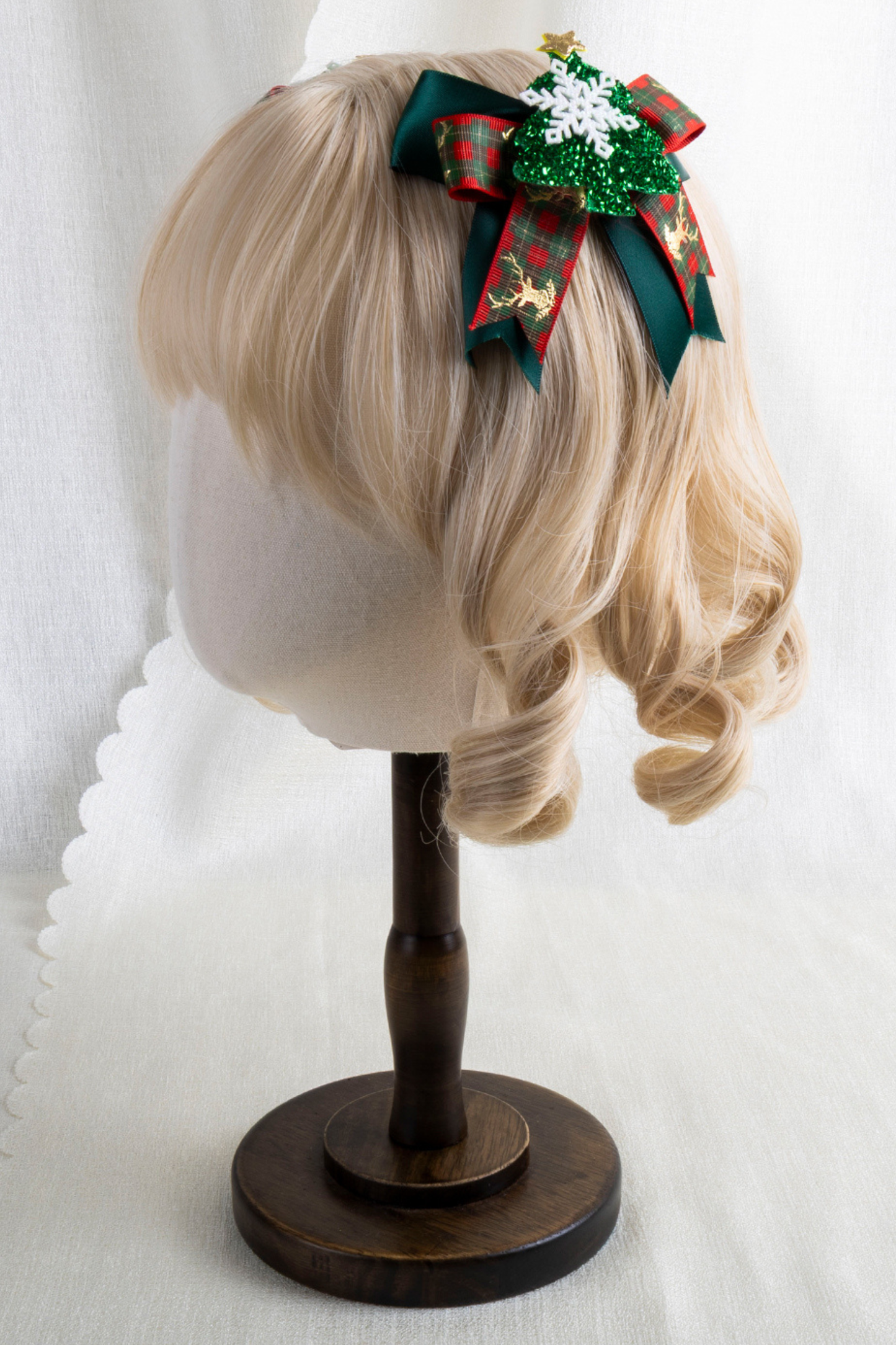 クリスマスチェックヘアーオーナメントリボンクリップ+ハットクリップ+ヘアバンド