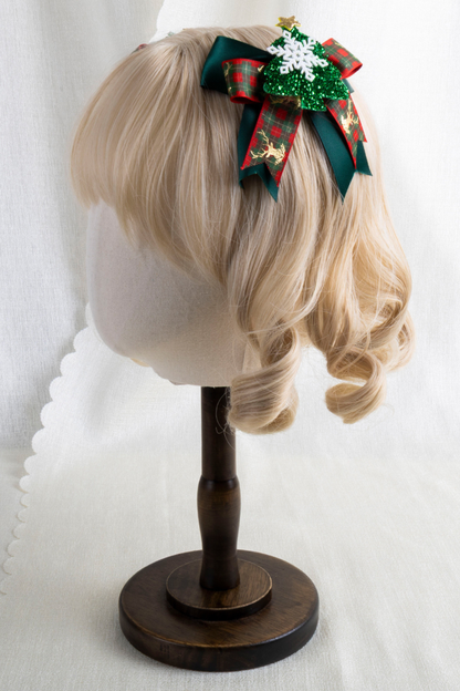 クリスマスチェックヘアーオーナメントリボンクリップ+ハットクリップ+ヘアバンド