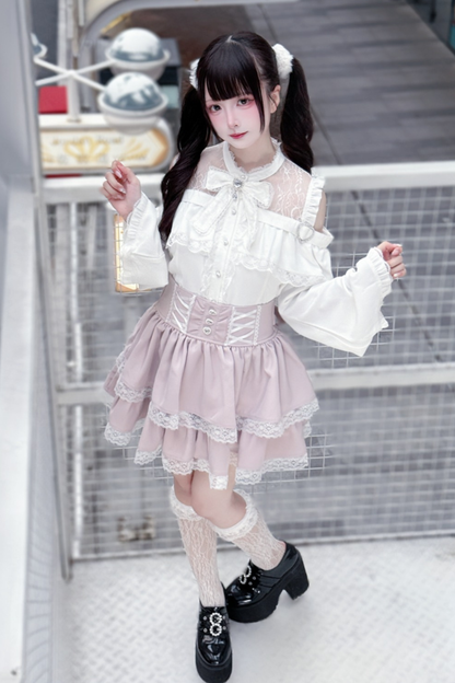 Lace off-the-shoulder shirt + lace-up skirt