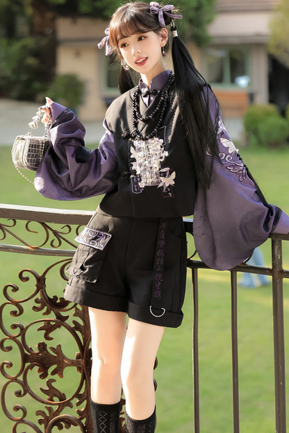 Dark china top + vest + shorts + necklace