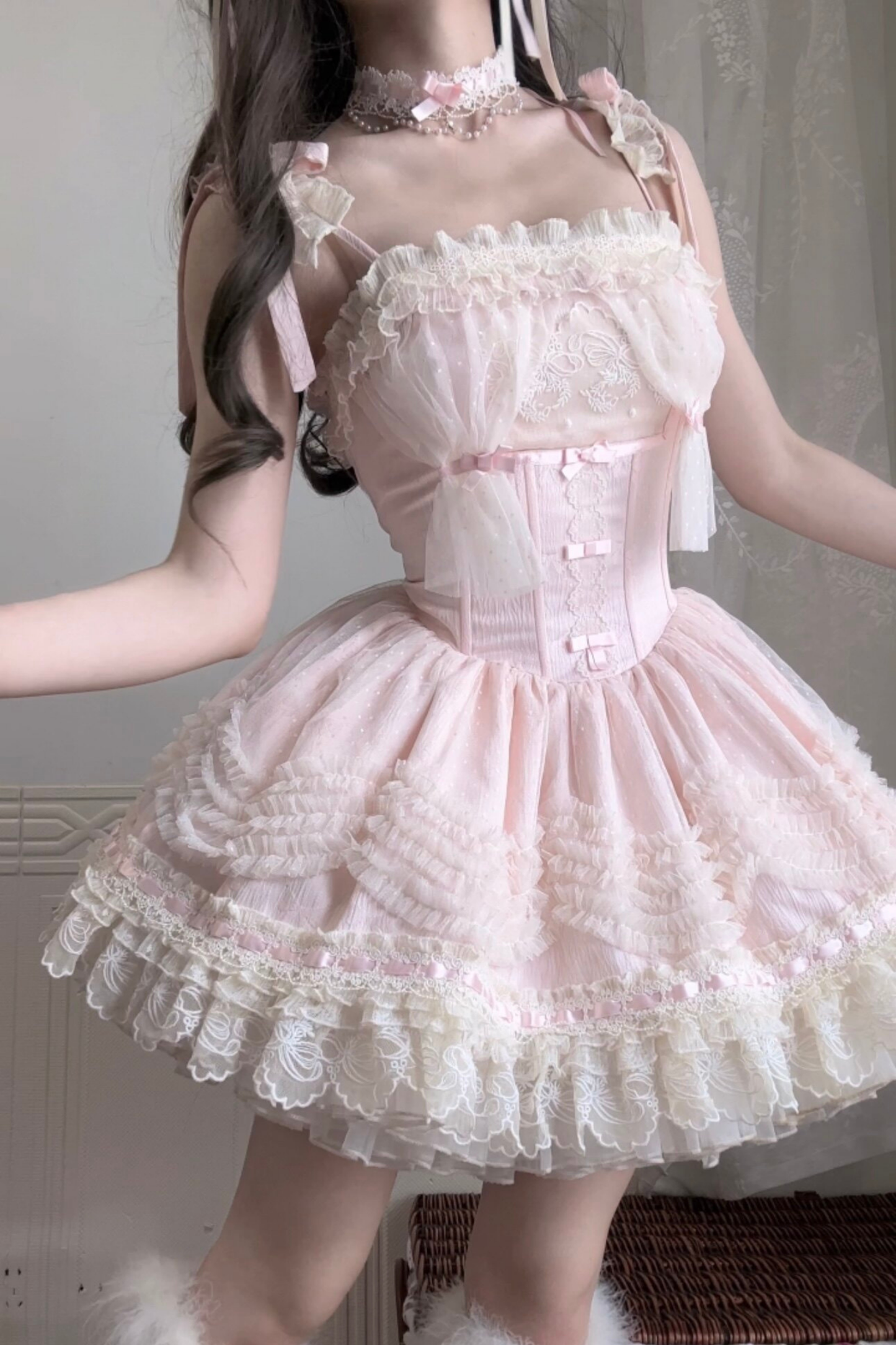 甜美珍妮蘿莉塔吊帶裙+項鍊+帽子+髮帶