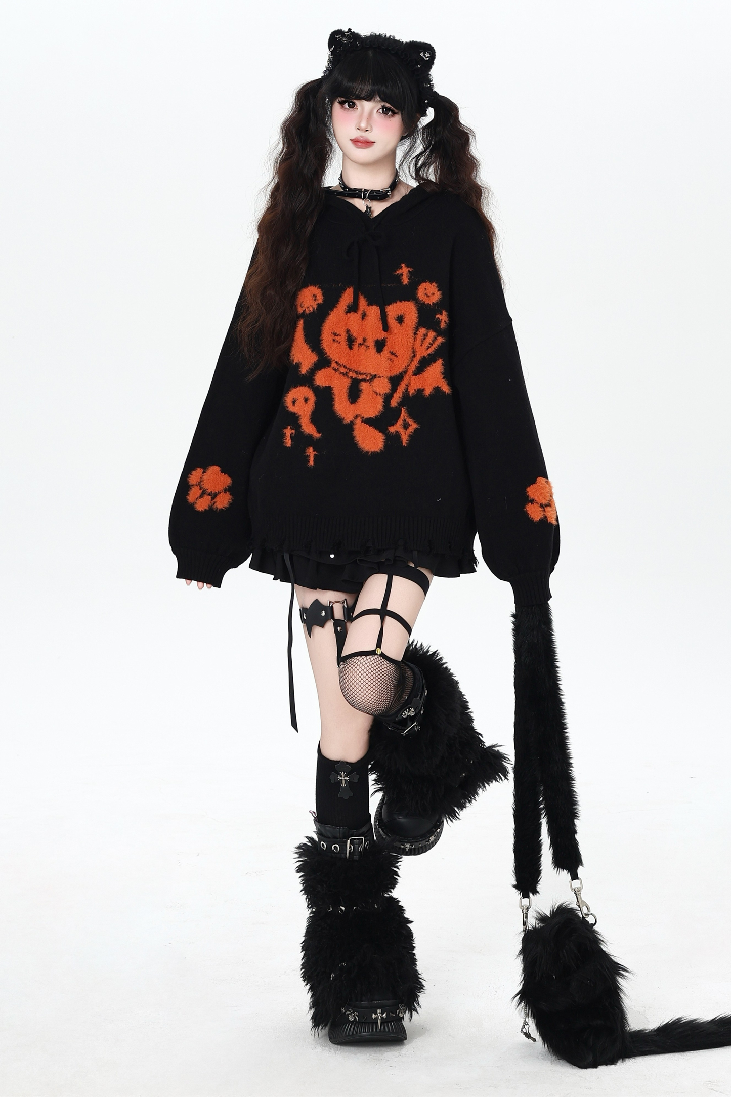 ナイトダークキャットルーズフードニット