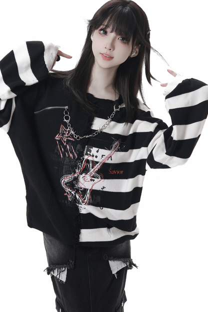 アシメボーダーセーター+デニムスカート