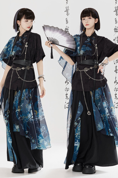 ダークチャイナシャツ+ワイドレッグパンツ+チェーン+ベルト