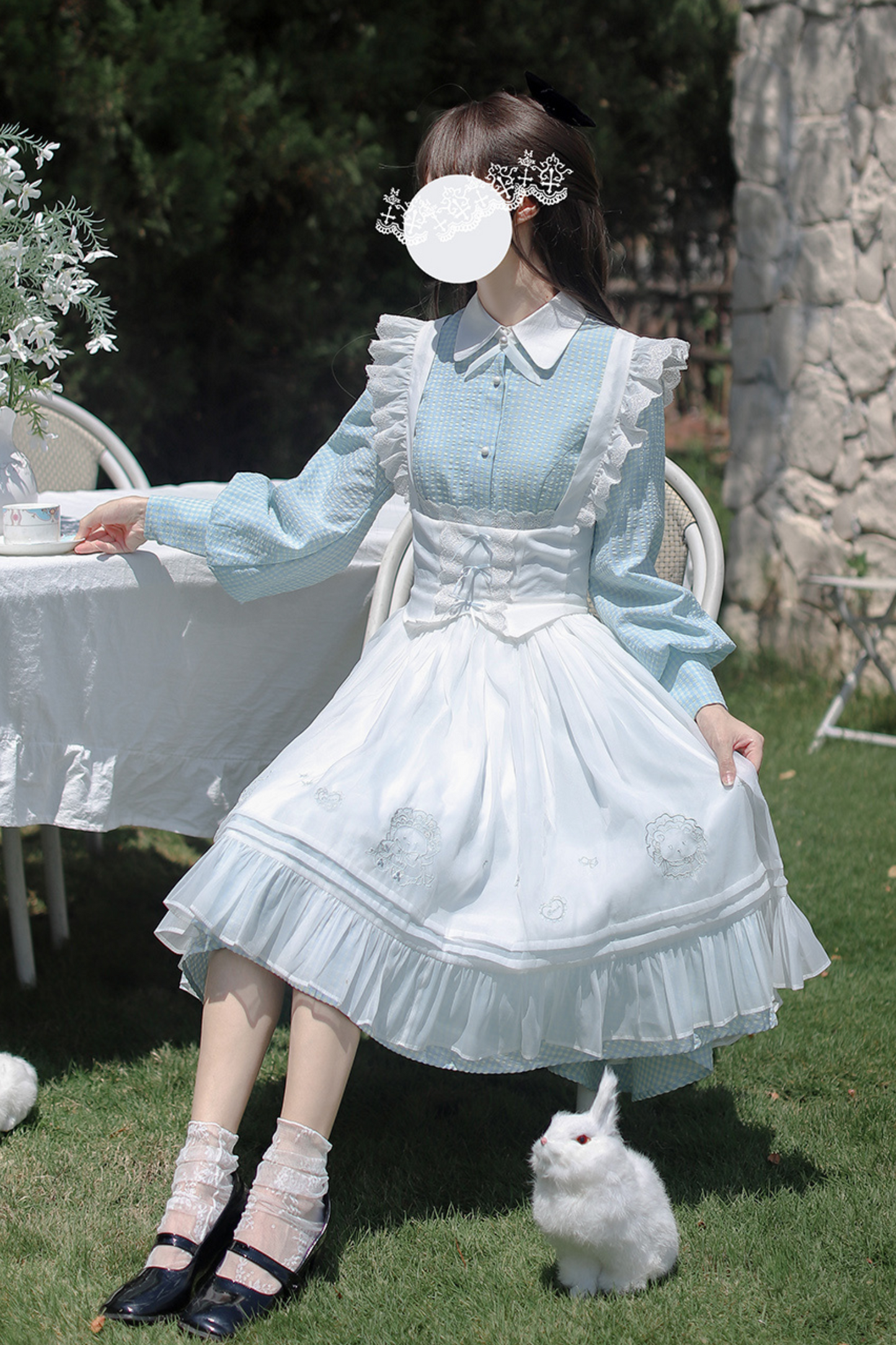 Blue Check French Retro Dress + Frilled Lace Apron