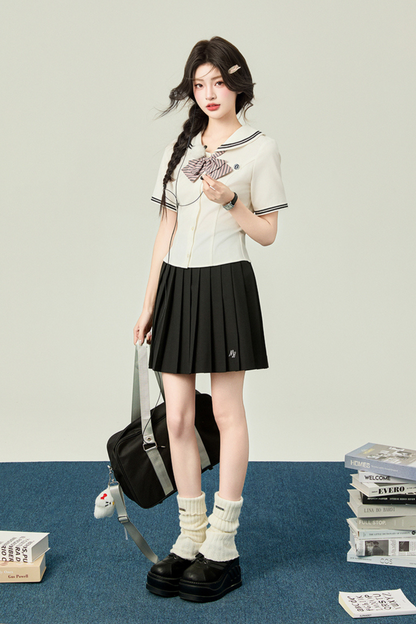 ドールカラートップス＋プリーツスカート＋リボン