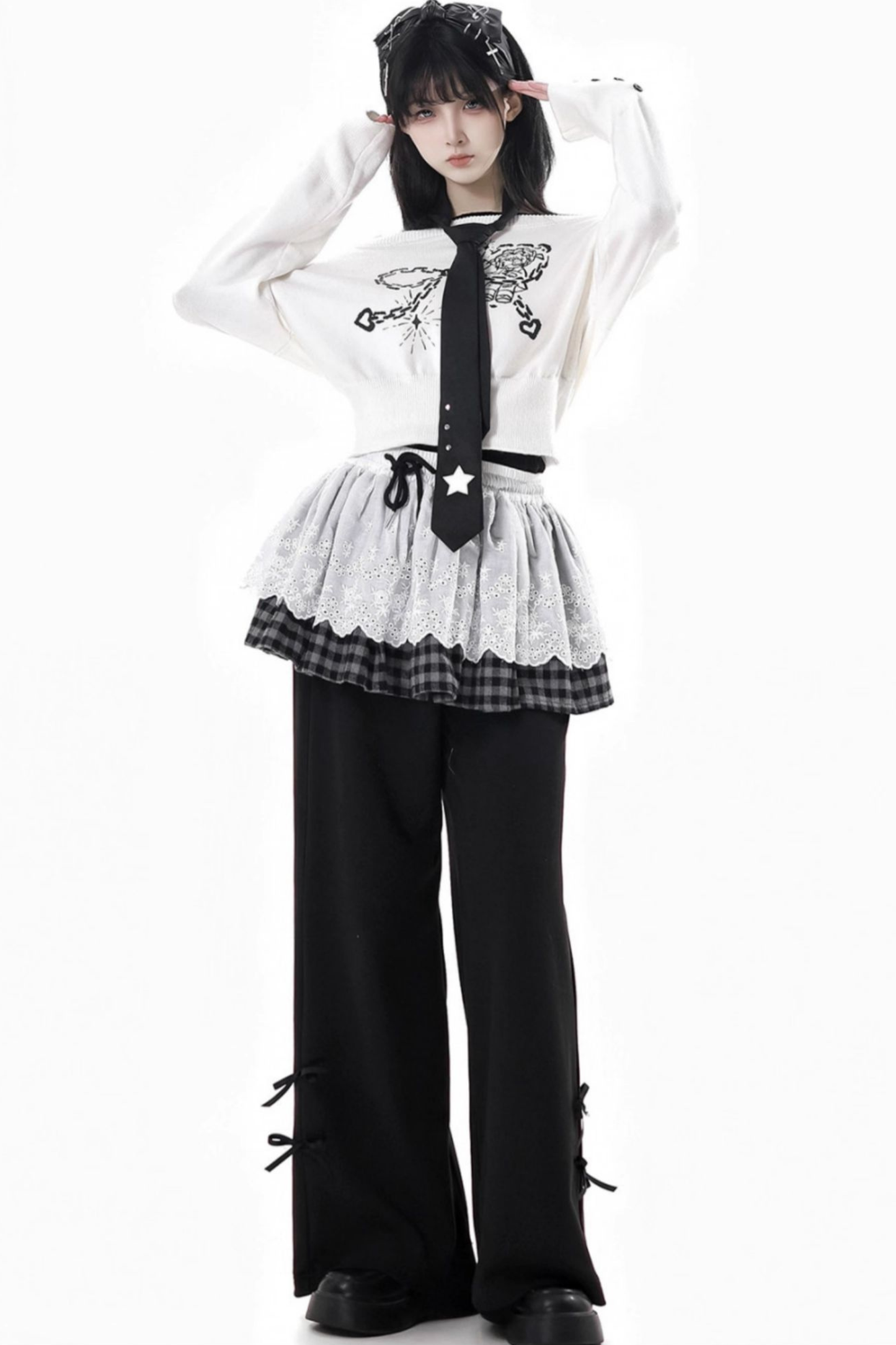 One-shoulder top + pants + hooded par jacket + skirt