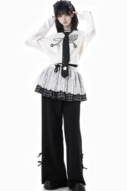 One-shoulder top + pants + hooded par jacket + skirt