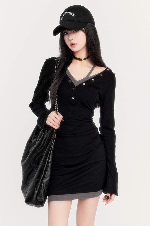 V-Neck Faux Faux Two Piece Tight Mode Dress