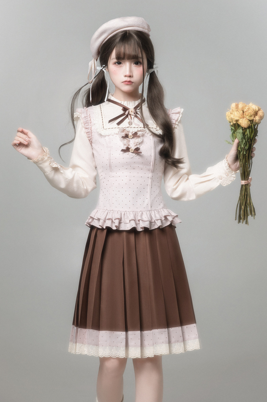 레트로 스위트 도트 상의 + 플리츠 스커트 + 베레모