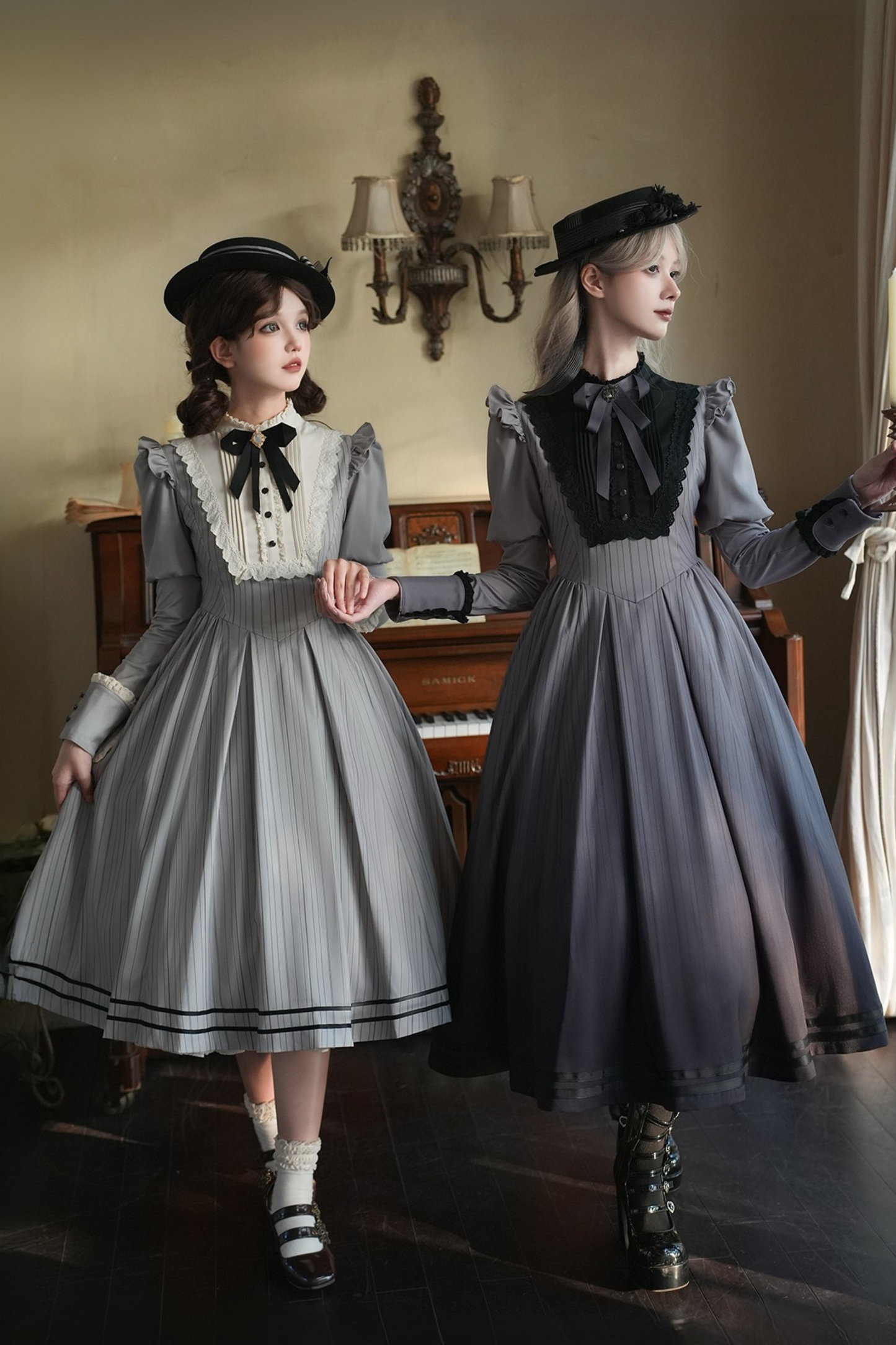 【8月18日予約締切】グレーストライプアンドフォググラデーションクラシカルドレス＋ハット＋ヘアクリップ