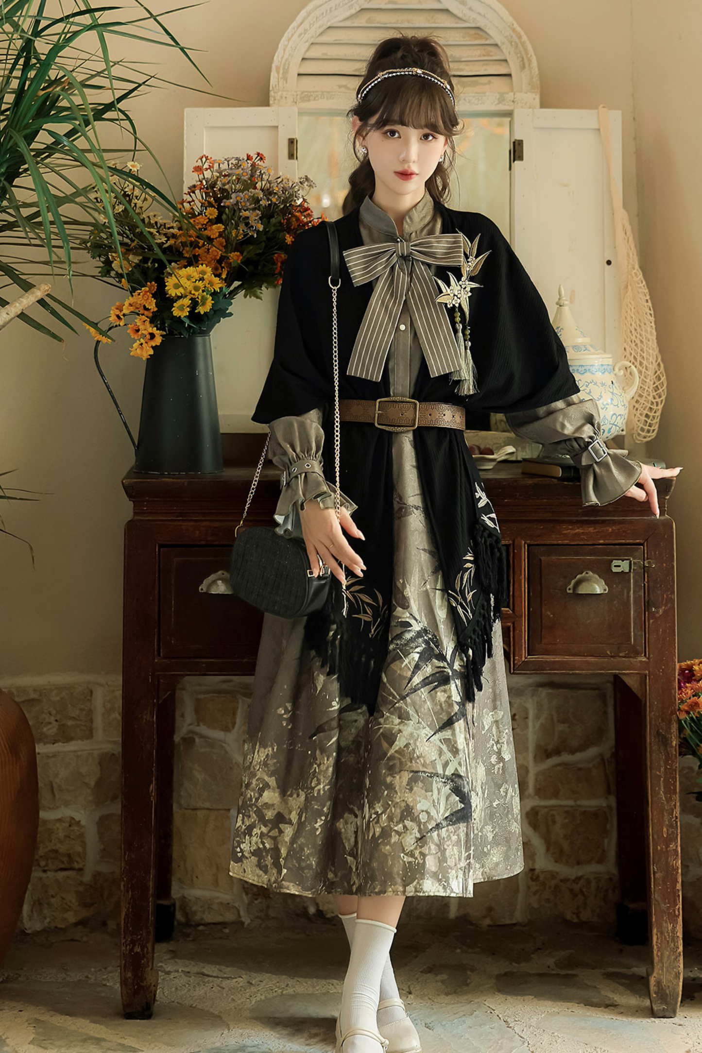 Chic Dark China Print Dress + Shawl