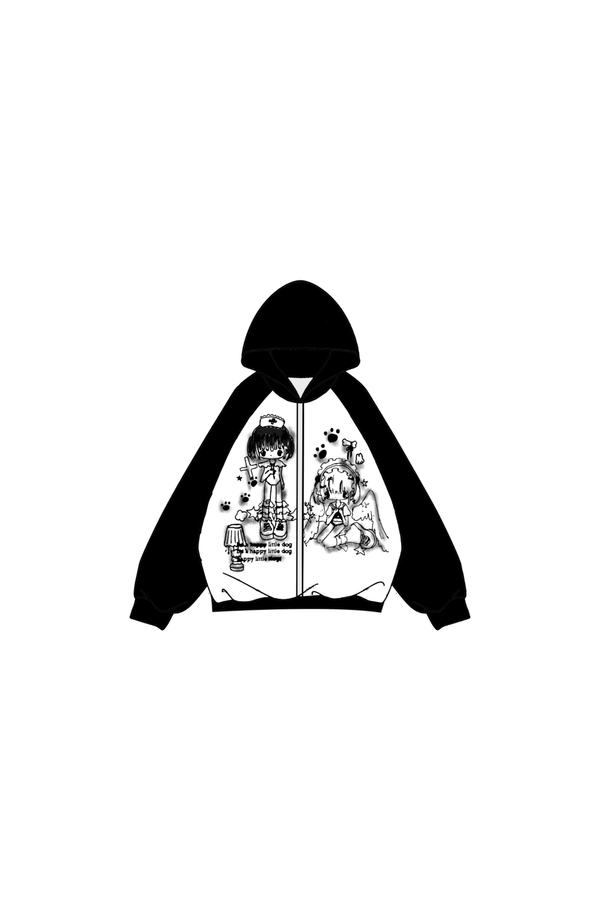 アニメガールイラストバイカラーフードパーカー