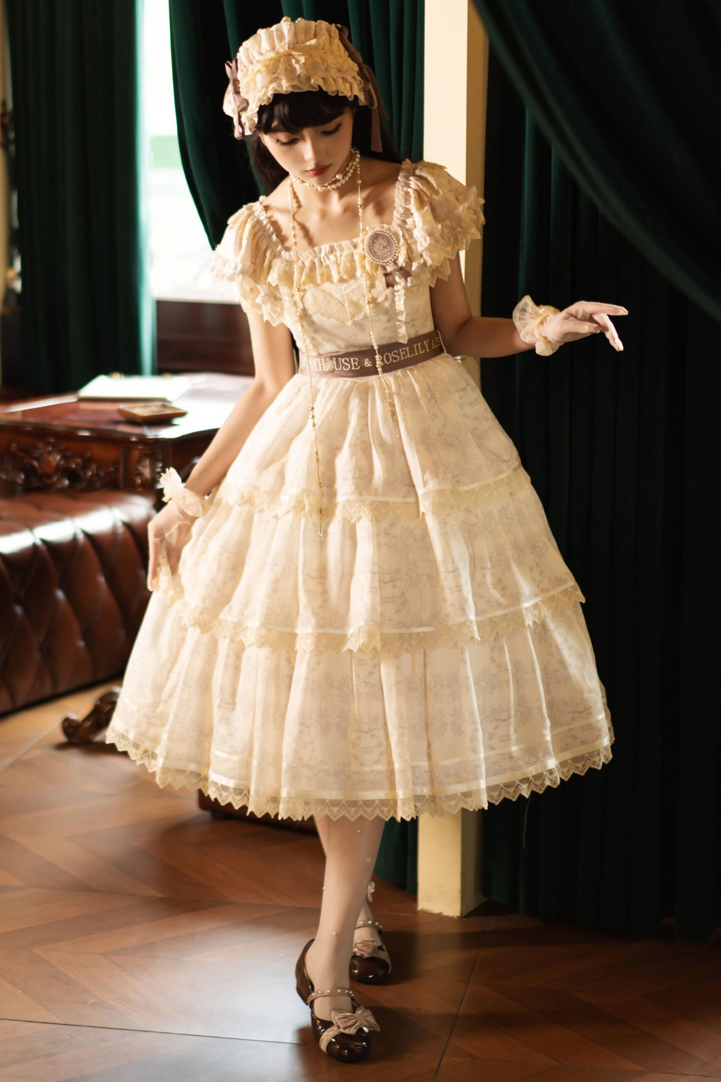 French Elegance Floral Lolita Dress + Badge + Headband + Headband