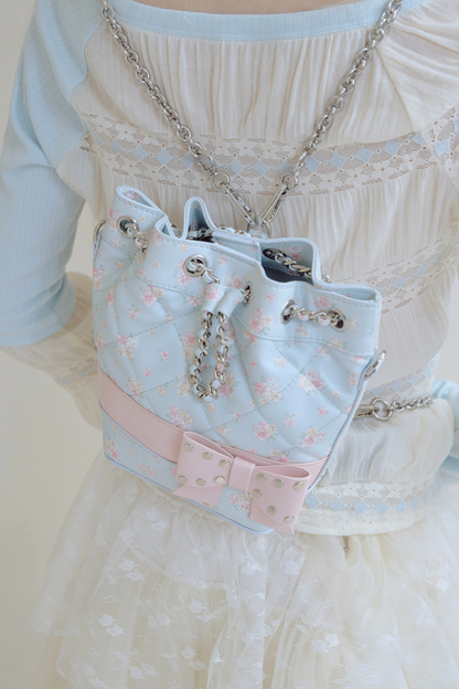 フローラルフラワーキルティングチェーンバケットバッグ