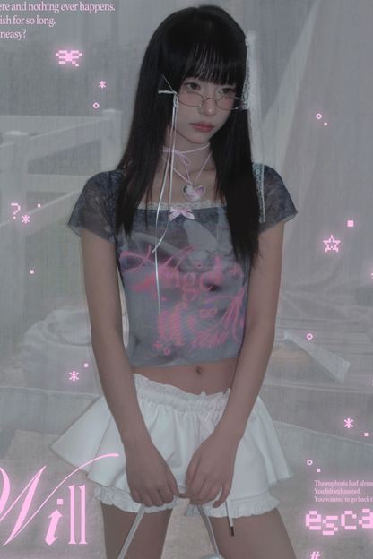 Bunny Cake Print Ash Sheer Mesh Slim Top