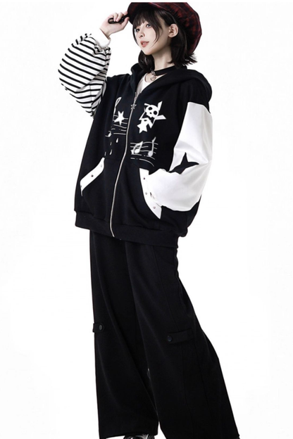 ストライプロックプリントフードジャケット+トップス+ロングパンツ+スカート