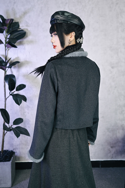 Retro mode fur short jacket + skirt