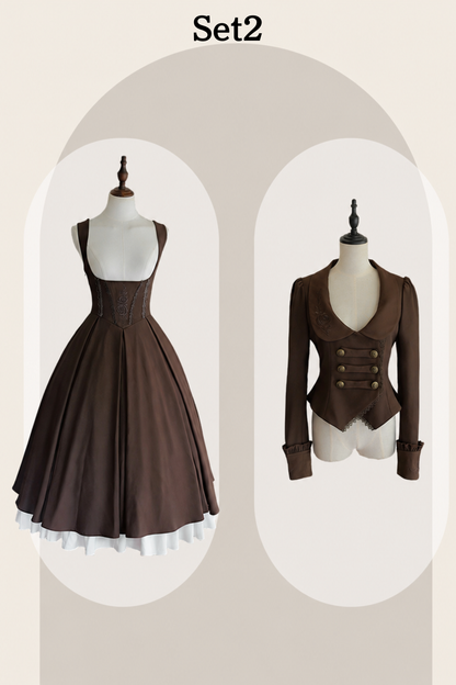 [Vorbestellschluss 919] Klassisch braunes plissiertes Korsett-Bustierkleid mit Rosenstickerei+Rüschenbluse mit Kamee-Schleifen-Spitzenjabot+Jacke mit Spitzenbesatz Set1/2+Komplettset [Kurz/Lang]