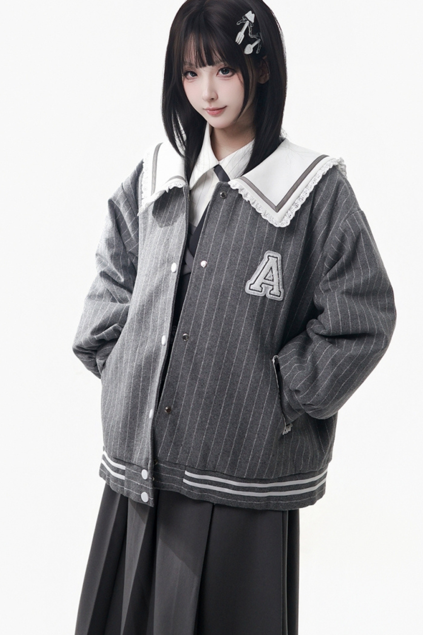 ストライプコート+シャツ+ベスト+ロングスカート