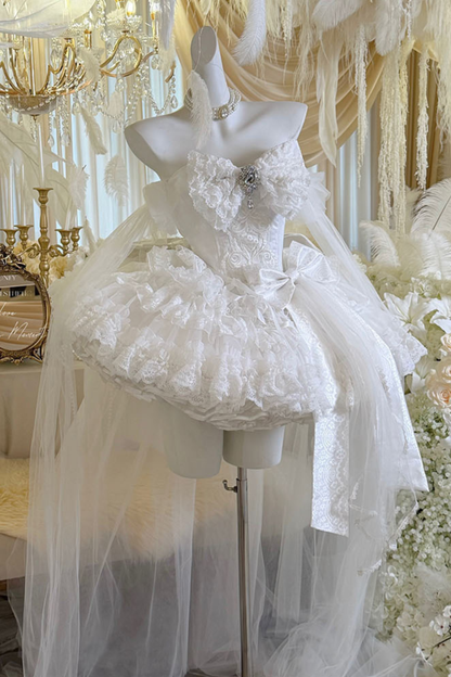 [Vorbestellung bis 4. April]Weißes Feder-Zeremonienkleid + Schal + Schwanz + Schleier + Schleife + Ärmel