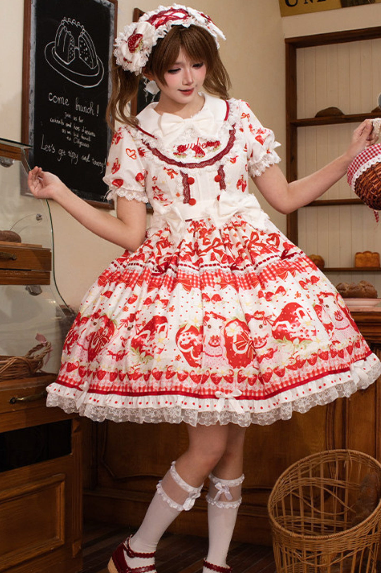 レッドベリーロリータドレス+リボン+ヘアバンド
