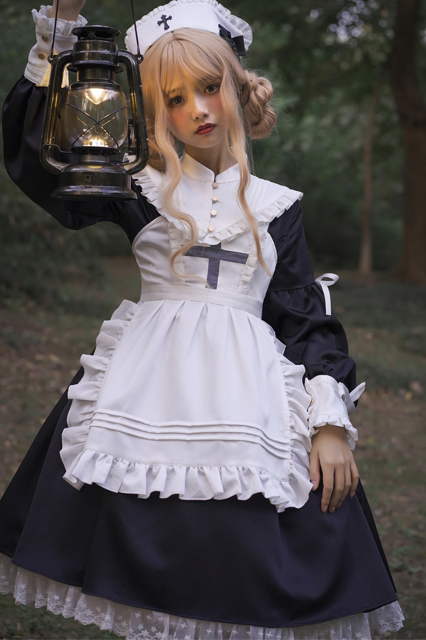 ランタンエンジェルメイドロリータドレス＋エプロン＋つけ襟