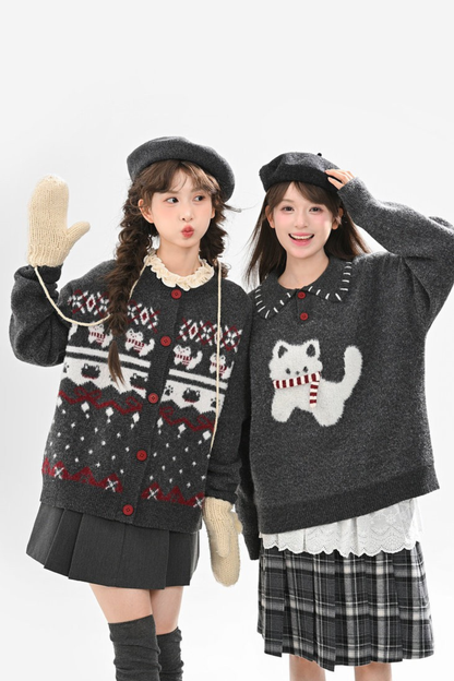 キャットニットセーター+スノーフレークカーディガン
